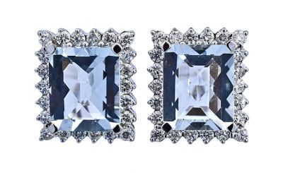 Vintage 12.52ct Aquamarine and Diamond Earrings in 14kt White Gold