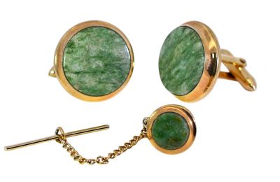 Vintage Jade Cufflinks and Tie Pin Set in 14kt Gold-Filled
