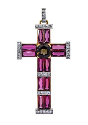 Vintage 15.51ct Tourmaline Diamond and Smoky Quartz Cross Pendant in 18kt Yellow and White Gold