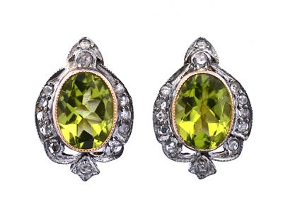 Vintage 2.78ct Peridot and Diamond 18kt and Silver Earrings