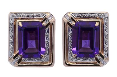Vintage 27.22ct Amethyst and Diamond Earrings in 18kt Yellow Gold
