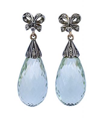 Vintage 39.15ct Briolette Prasiolite and Diamond Earrings in 18kt Yellow Gold and Silver