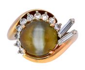 Vintage 6.25ct Cat’s Eye Chrysoberyl and Diamond Ring in 14kt White and Yellow Gold