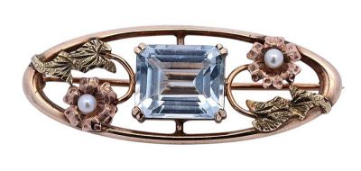 Vintage 7.44ct Aquamarine and Pearl Brooch in 10kt Tri Gold