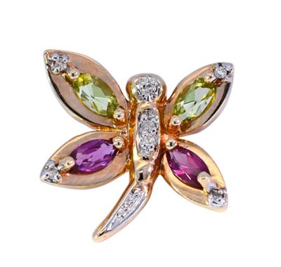 Vintage Amethyst Peridot and Diamond Dragonfly Brooch in 14kt Yellow Gold