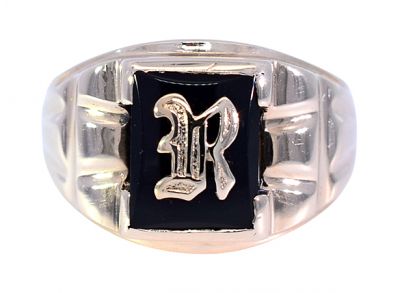 Vintage Black Onyx Initial "R" Ring in 10kt Yellow Gold