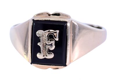 Vintage Black Onyx “F” Ring in 10kt Yellow Gold