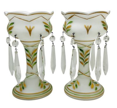 Vintage Cased Milk Glass Hand Painted Lustres