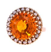 Vintage 7.04ct Citrine and Seed Pearl Ring in 10kt Yellow Gold
