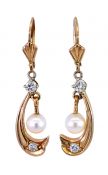 Vintage Cultured Pearl and Diamond Drop Earrings in 14kt Yellow Gold