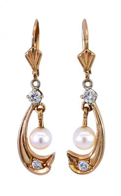 Vintage Cultured Pearl and Diamond Drop Earrings in 14kt Yellow Gold
