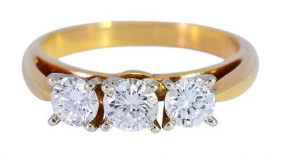 Vintage .88ct Diamond Three Stone Engagement Ring in 18kt White and Yellow Gold
