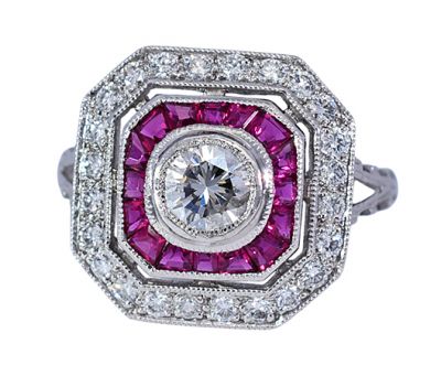 Vintage Inspired .90ct Diamond and Ruby Ring in Platinum