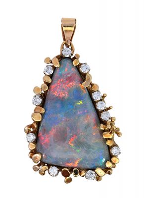 Vintage .54ct Black Opal and Diamond Pendant in 14kt Yellow Gold