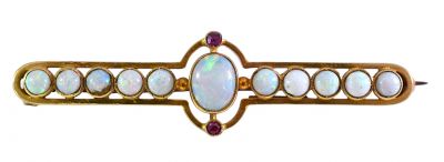 Vintage .87ct Opal and Ruby Brooch in 18kt Yellow Gold