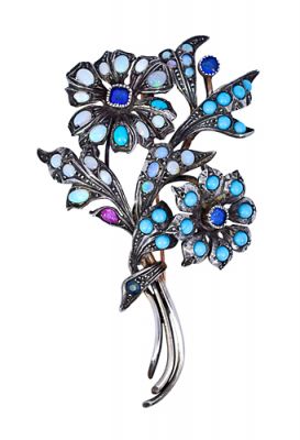 Vintage Opal and Turquoise Floral Brooch in 18kt Yellow Gold and Silver