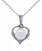 Vintage Pearl and Diamond Heart Necklace in 14kt White Gold