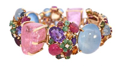 Vintage Rose Quartz Tourmaline Topaz Citrine Amethyst Emerald and Diamond Bracelet in 14kt Yellow Gold