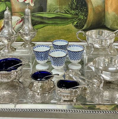 Vintage Salt & Peppers, Spode Egg Cups, Cream & Sugar and Tray