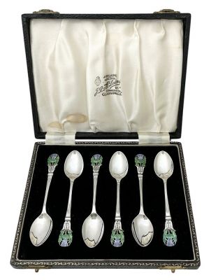 Vintage Sterling Silver Thistle Enamelled Coffee Spoons, Birmingham 1950