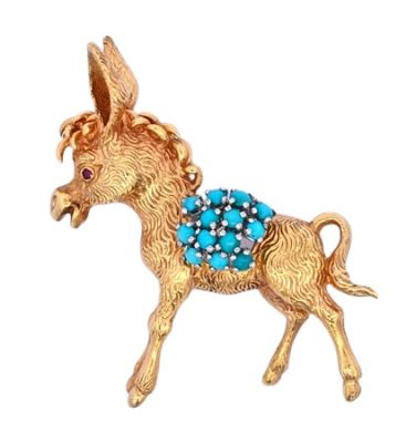 Vintage Turquoise Donkey Brooch in 18kt Yellow Gold