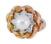 Birks Vintage Cultured Pearl and Diamond Ring in 14 - 18kt Yellow Gold