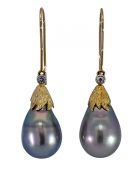Vintage Black Tahitian South Sea Pearl and Diamond Earrings Set in 18kt. Gold