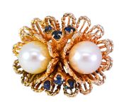 Vintage Cultured Pearl and Sapphire Coral Reef Motif Toi et Moi Ring in 14kt Yellow Gold