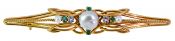 Vintage Baroque Pearl Emerald and Diamond Bar Brooch in 18kt Yellow Gold