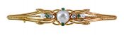 Vintage Baroque Pearl Emerald and Diamond Bar Brooch in 18kt Yellow Gold