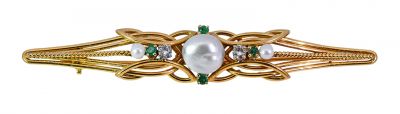 Vintage Baroque Pearl Emerald and Diamond Bar Brooch in 18kt Yellow Gold