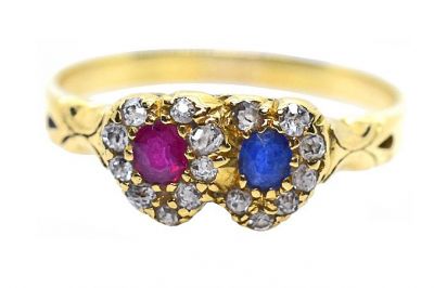 Antique Ruby Sapphire and Diamond Double Heart Toi et Moi Ring