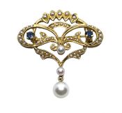 Antique Cultured Pearl Sapphire and Seed Pearl 14kt Pendant Brooch