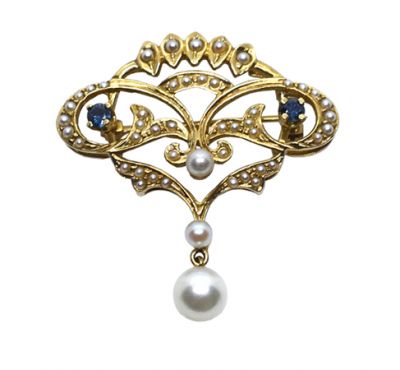 Antique Cultured Pearl Sapphire and Seed Pearl 14kt Pendant Brooch