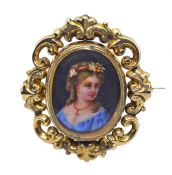 Antique Gilt Enamel Portrait Pendant Brooch