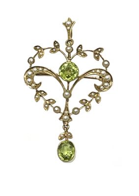 Antique 1.91ct Peridot and Pearl 15kt Pendant Brooch