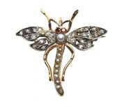 Antique Pearl Garnet and Diamond 18kt. Dragonfly Brooch