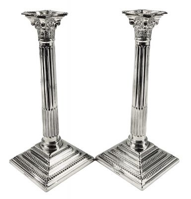 English Sterling Silver Corinthian Column Candlesticks