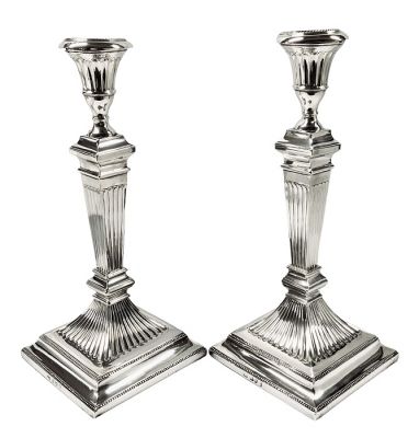 English Sterling Silver Neoclassical Column Candlesticks Dated 1897