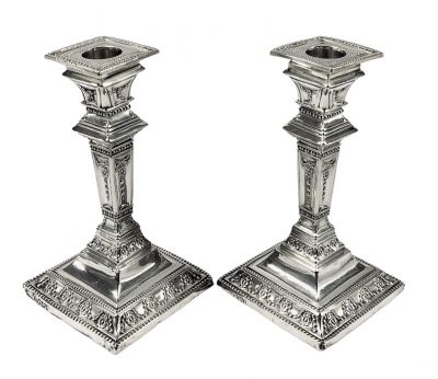English Sterling Silver Neoclassical Inspired Candlesticks, Dated 1909