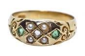 Estate Diamond Emerald and Seed Pearl 15kt Ring