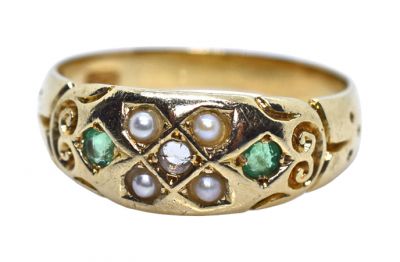 Estate Diamond Emerald and Seed Pearl 15kt Ring
