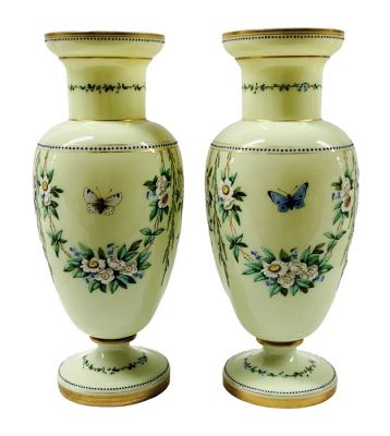 French Opaline Glass Vases Enamelled With Butterflies & Flowers 