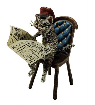 Fritz Bermann Cold Painted Bronze Miniatrue Of A Cat Reading The Newspaper