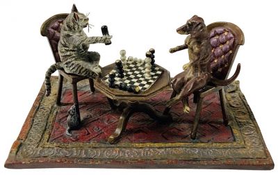 Fritz Bermann Cold Painted Bronze Miniature Of A Cat And Dog Playing Chess