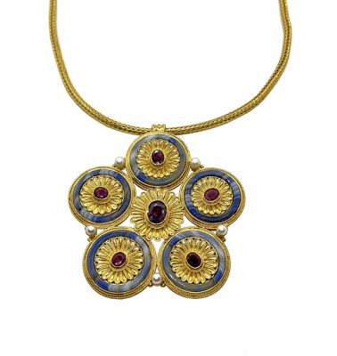 LALAoUNIS Vintage Ruby Cultured Pearl and Agate Pendant