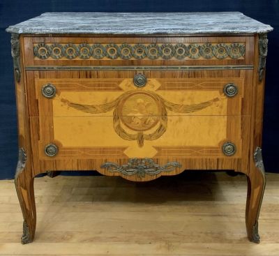 Louis XVI Style Fruitwood Inlay Commode With Marble Top