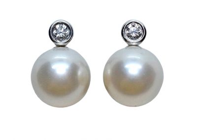 Modern Cultured Pearl and Diamond Earrings