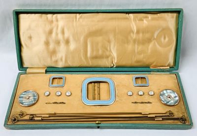 Mother of Pearl & Enamelled Hat Pins & Buckles In A Fitted Box