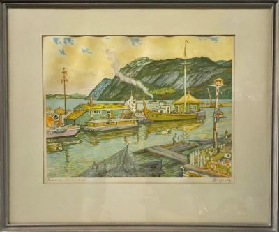Nicholas Hornyansky Coloured Print of Houseboats, Cabano, Quebec